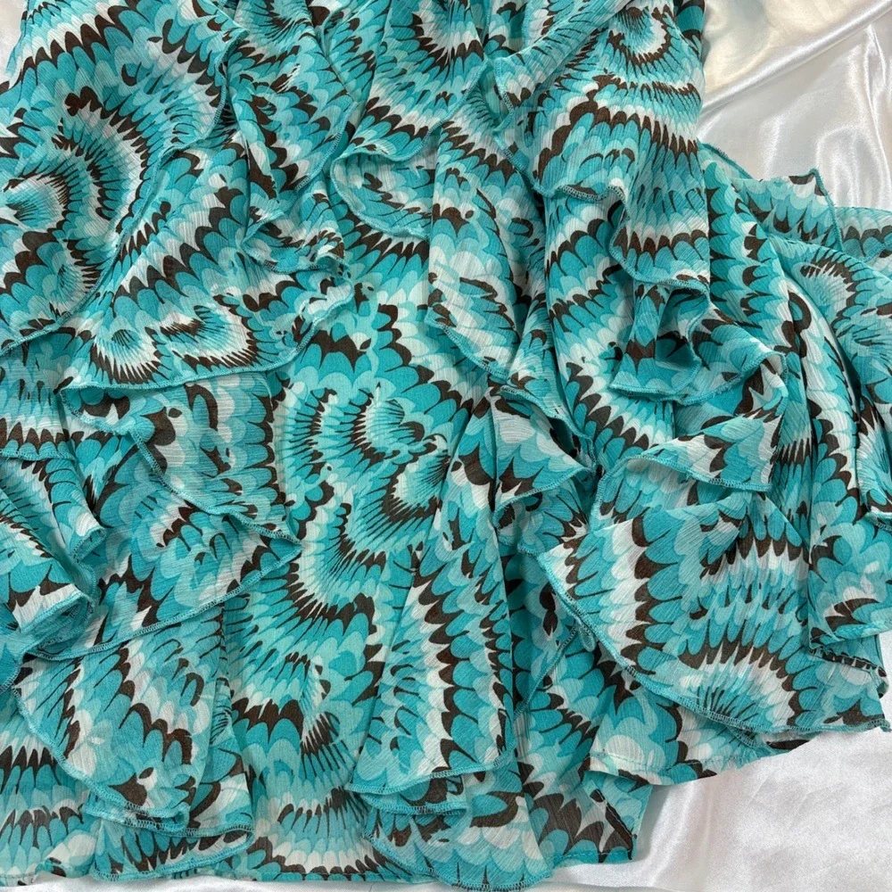 y2k Mini Skirt Teal Excellent Sunny Leigh Ruffled Geometric Fan Print Size 6
